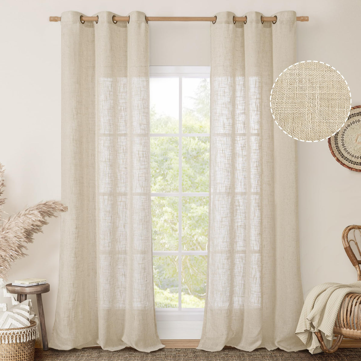 LAMIT Cream Ivory Linen Semi Sheer Curtains 84 inch Length for Bedroom