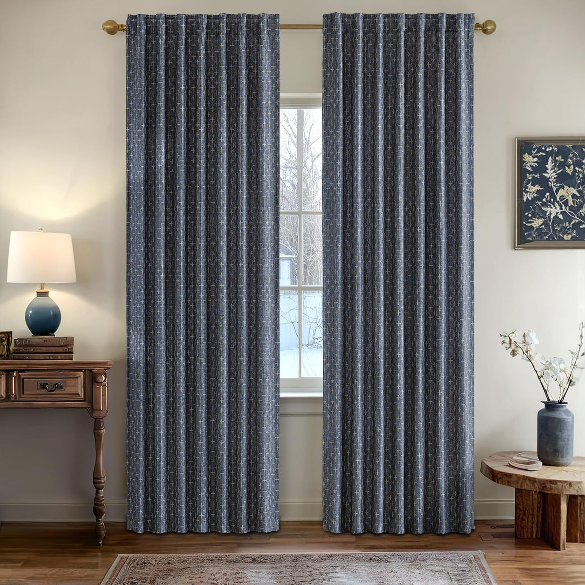 MIULEE Patterned Farmhouse Linen Curtains, Back Tab, 52Wx84L, Blue