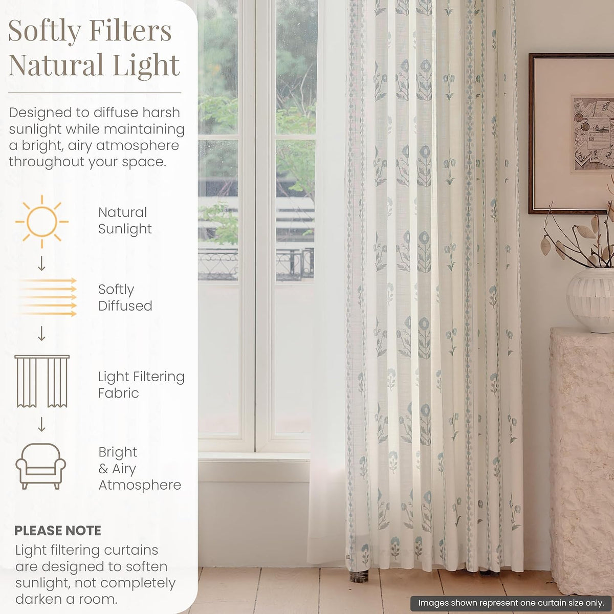 DrapePalette - Linen Blend Pinch Pleated Curtains 108 Inches Long for Living Room, Bedroom, Dining Room, Light Filtering Curtains 2 Panels Set, Modern Floral Printed Design, Antique White 30"W x 108"L