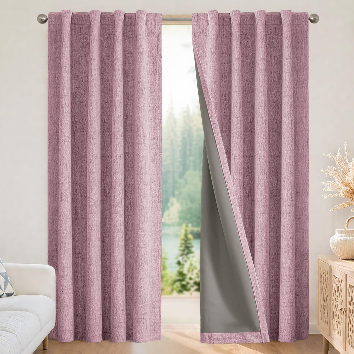 Joydeco Blackout Curtains for Bedroom - 84 Inch Long 100% Light Blocking 2 Panels Light Beige Drapes, Thermal Insulated Room Darkening Curtains, Linen Textured for Living Room, Rod Pocket & Back Tabs