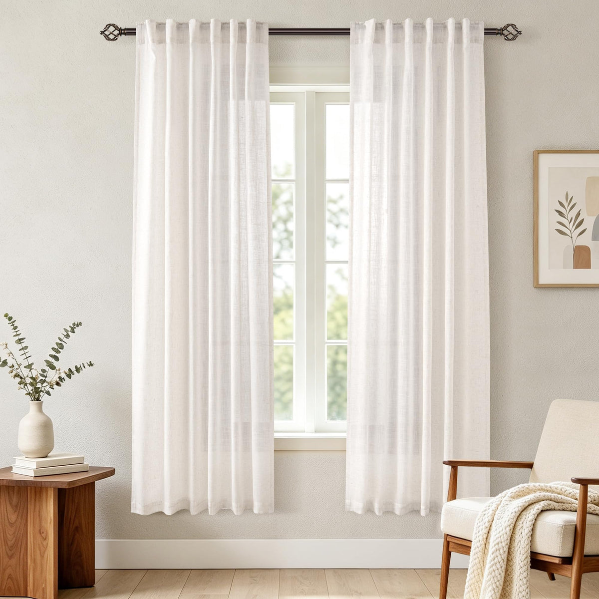 96 inch Long Linen Curtains 2 Panels for Living Room Back Tab Cream Ivory Light Filtering Semi Sheer Curtain 96 inches Long Boho Farmhouse Rustic Linen Drapes Floor to Ceiling Length 8 FT