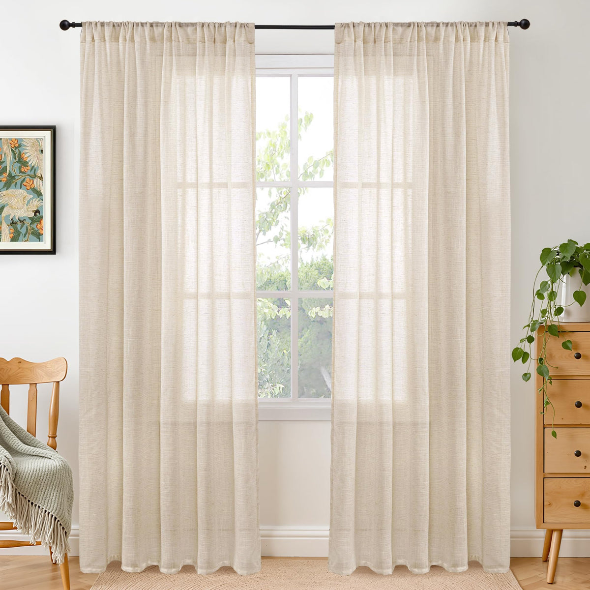 BGment Tan Linen Curtains 84 Inch Length 2 Panels Burlap Semi Sheer Drapes