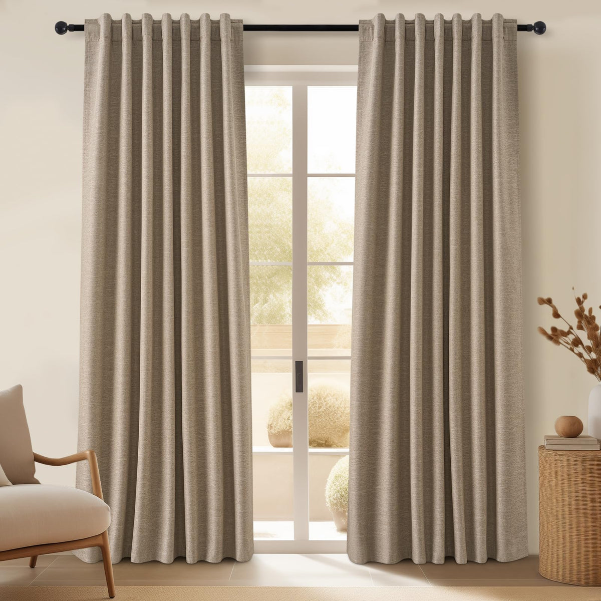 Topfinel Linen Blackout Curtains 96 Inch Long, Boho Farmhouse Ivory Birch Viral Drapes Pinch Pleated Curtains with Hooks for Living Room, Neutral 8 FT Back Tab Bedroom Curtains 52" X 96" 2 Panels