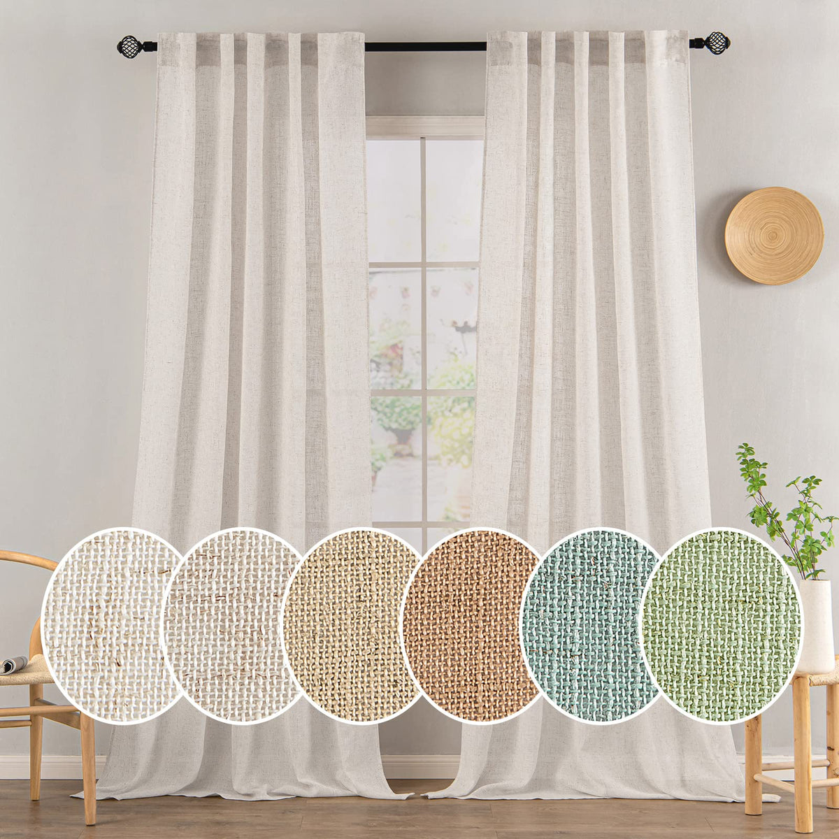 MIULEE Natural White Linen Curtains 52x90 Inch Long 2 Panels for Bedroom