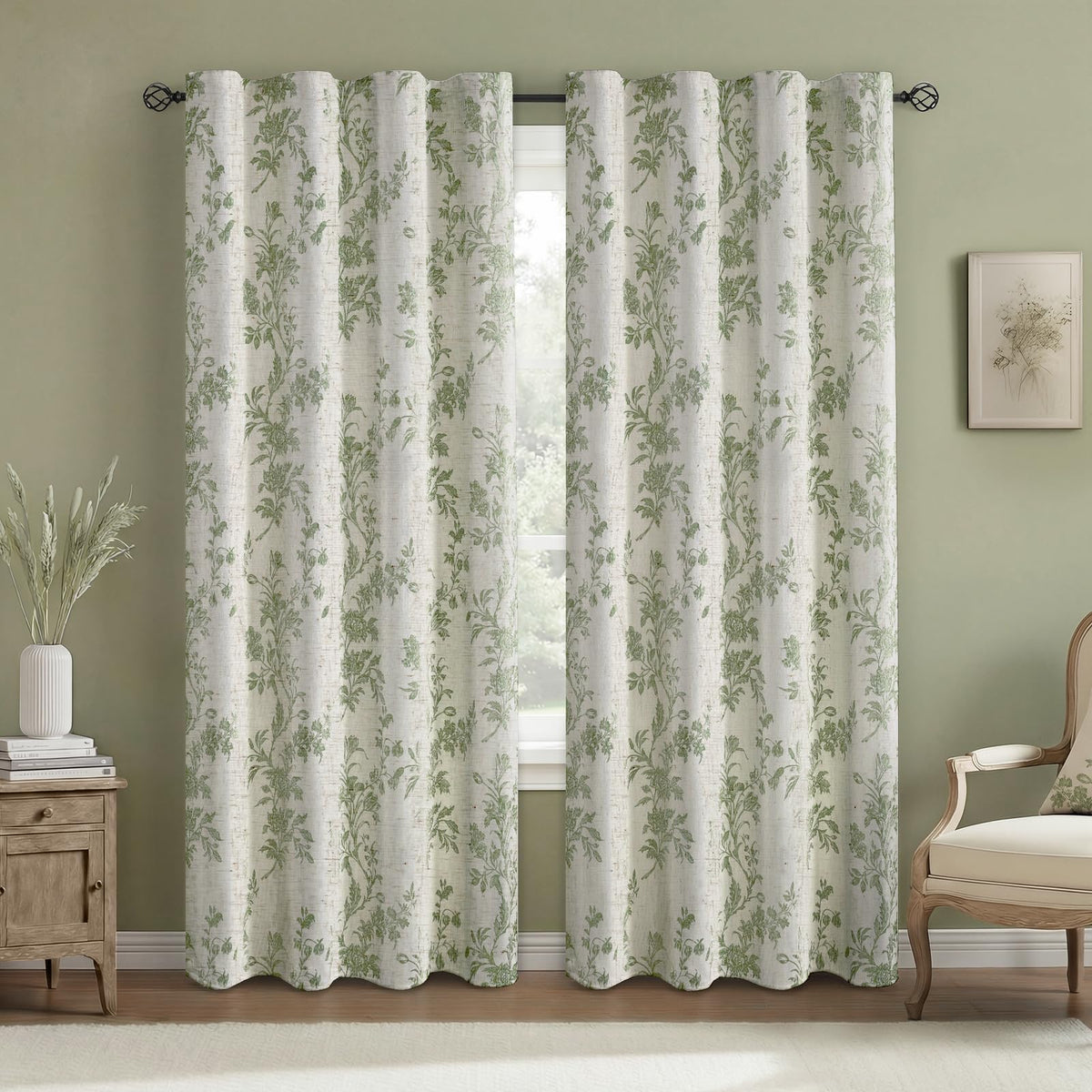 Boho Floral 100% Blackout Curtains 84 Inch 2 Panels Linen Texture
