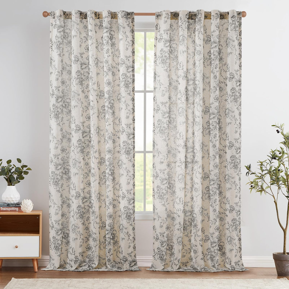jinchan Vintage Floral Linen Curtains 84 Long for Living Room 2 Panels
