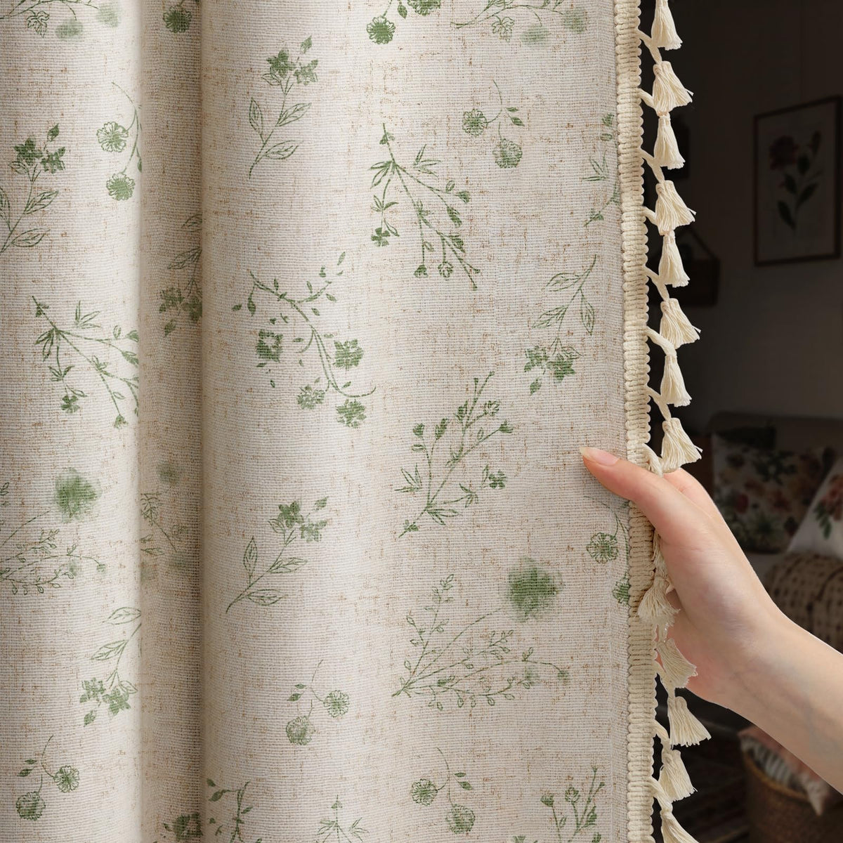 Boho Floral 100% Blackout Curtains 84 Inch 2 Panels Linen Texture