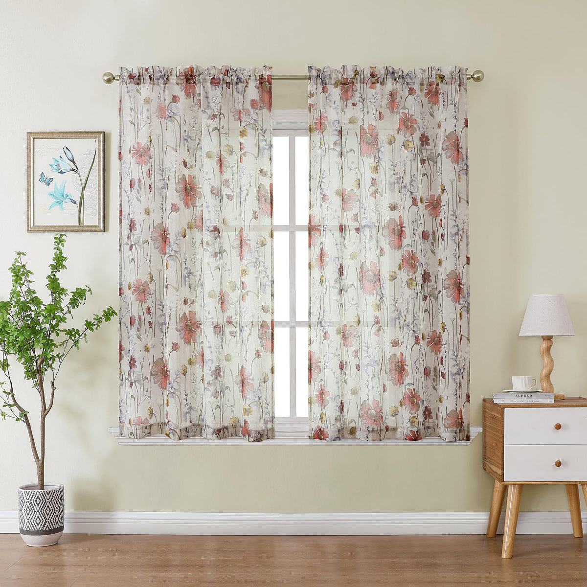 OWENIE Crushed Sheer Curtains 84 Inch Length 2 Panels Set, Sheer Floral Curtains Printed Drapes on Sheers for Living Room, Rod Pocket Light Filtering Window Sheers (2 Panels, 42" x 84")