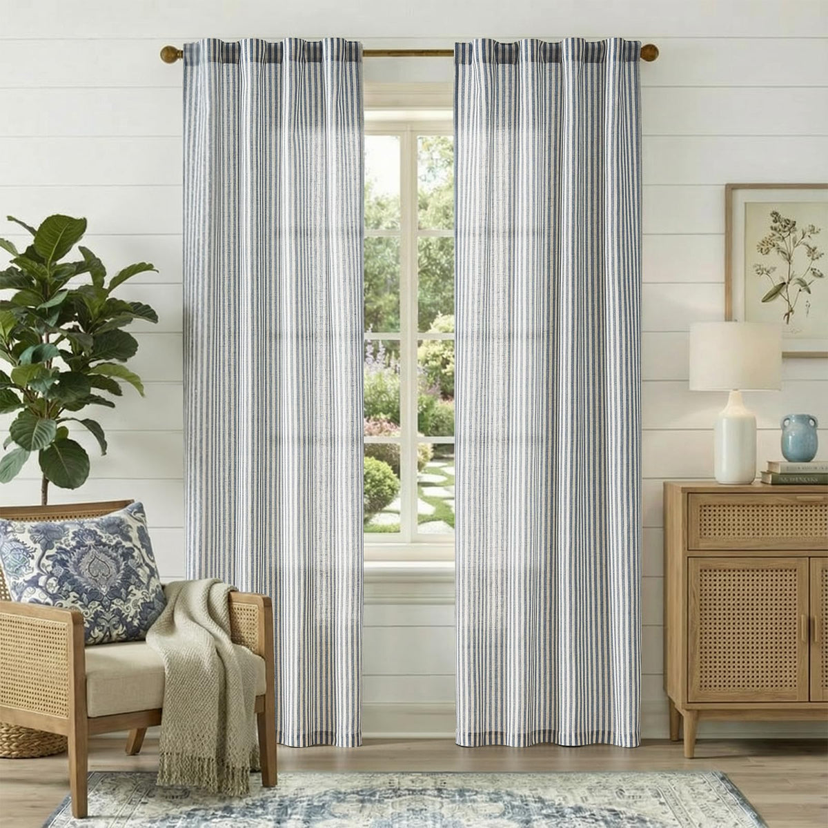 jinchan Linen Curtains 84 Inch Taupe Grey Stripe on Beige Grommet 2 Panels