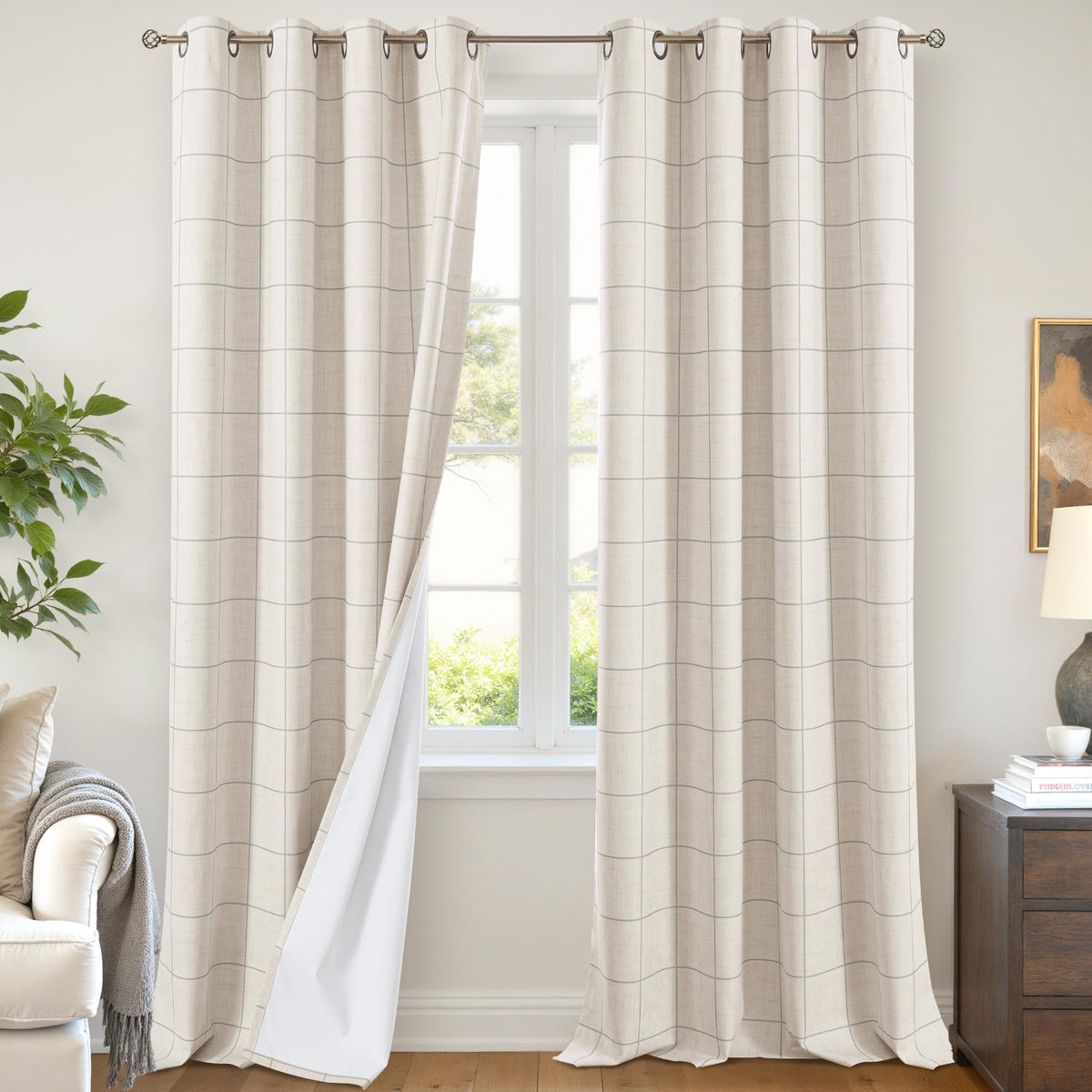 Lajode Linen Blackout Curtains - Boho Plaid 52x84 Inch 2 Panels, Natural