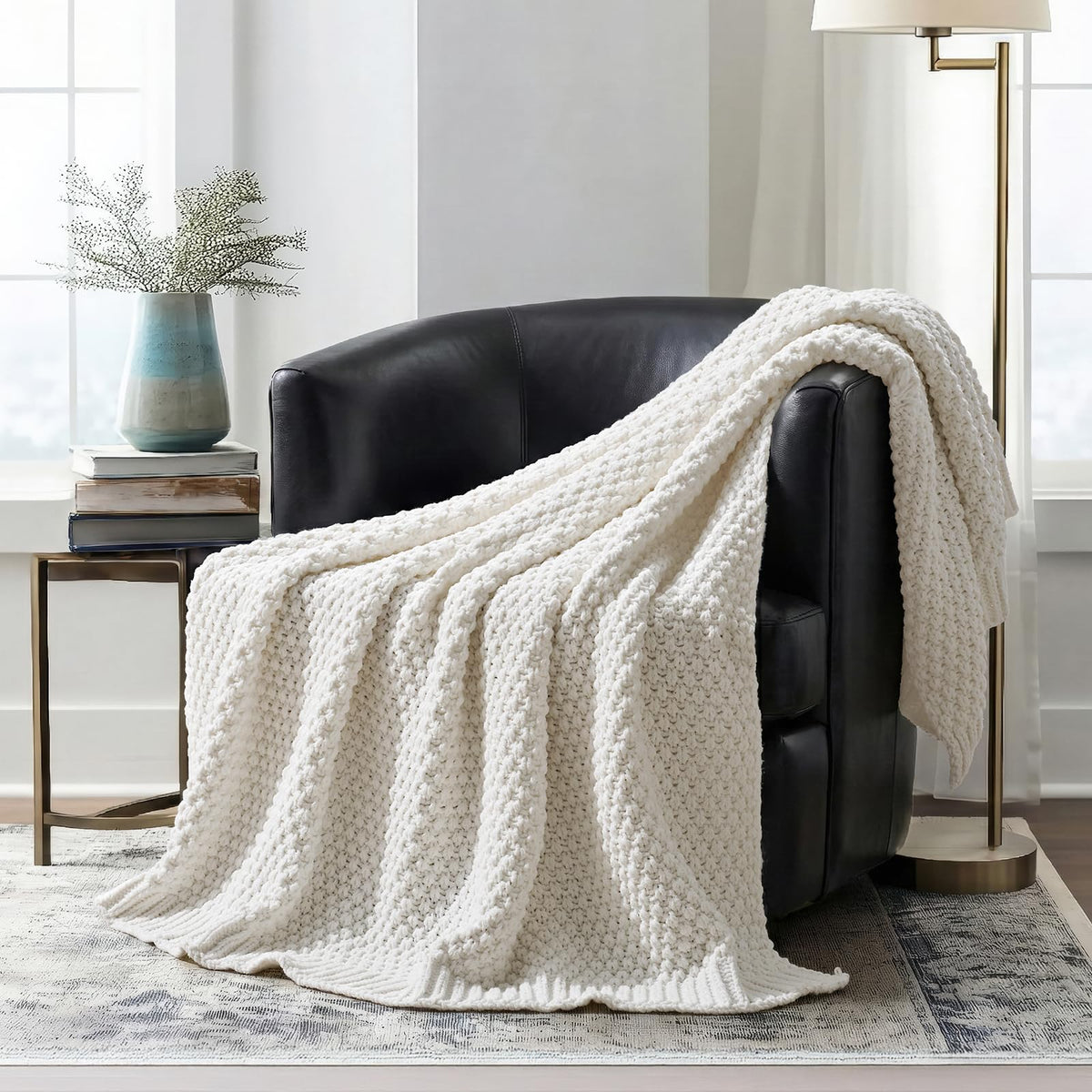 EVERGRACEHOME Chunky Chenille Knit Throw Blanket, 50 x 60, Olive Green