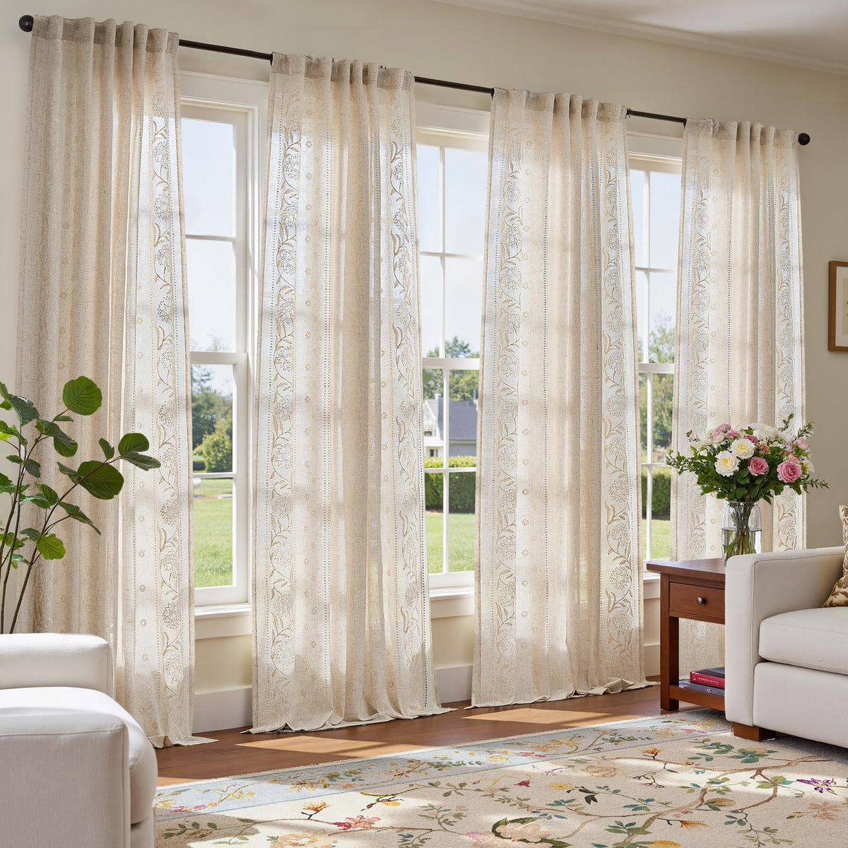 jinchan Sage Floral Linen Curtains for Living Room 84" Back Tab 2 Panels