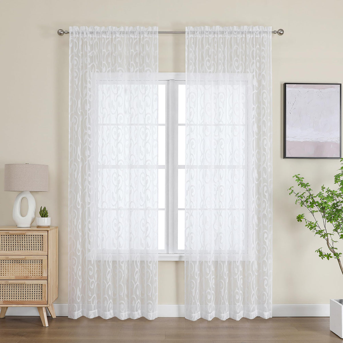 OWENIE Furman Ivory Sheer Curtains 84 inches Long for Bedroom Living Room 2 Panels Set, Jacquard Clip Light Filtering Semi Sheer Curtain Rod Pocket Window Drapes, 2 Pcs Each 40 W 84 L