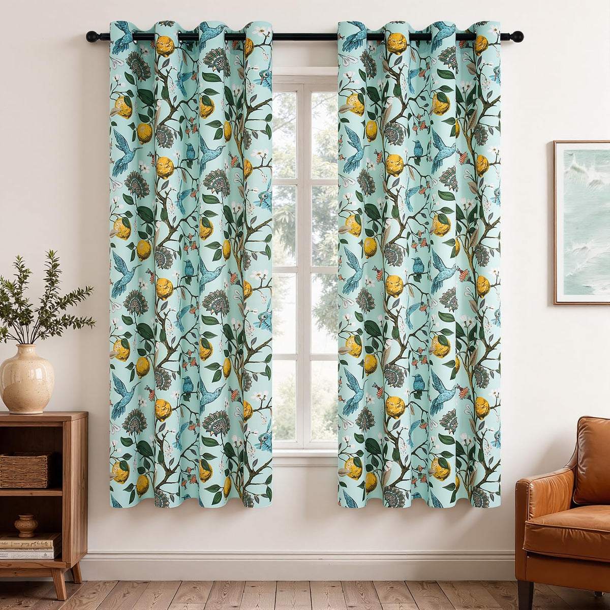 Topfinel Mustard Yellow Vintage Curtains & Drapes 84 Inches Long, Grommet Luxury Whimsical Floral Lemon Hummingbird Patterned Waverly Mid Century Colorful Blackout Drapes for Living Room Bedroom
