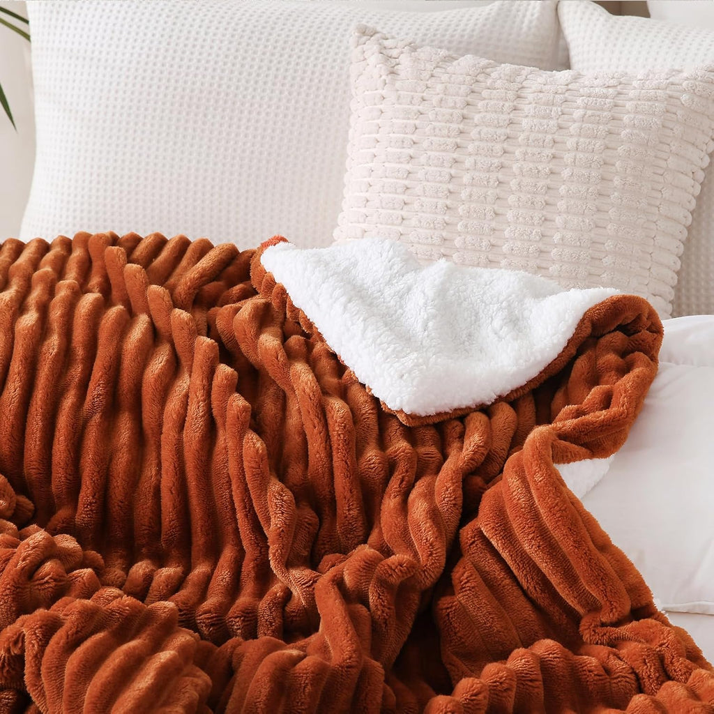 Burnt Orange Sherpa Fleece Throw Blanket 50”×60”Double-sided for Couch