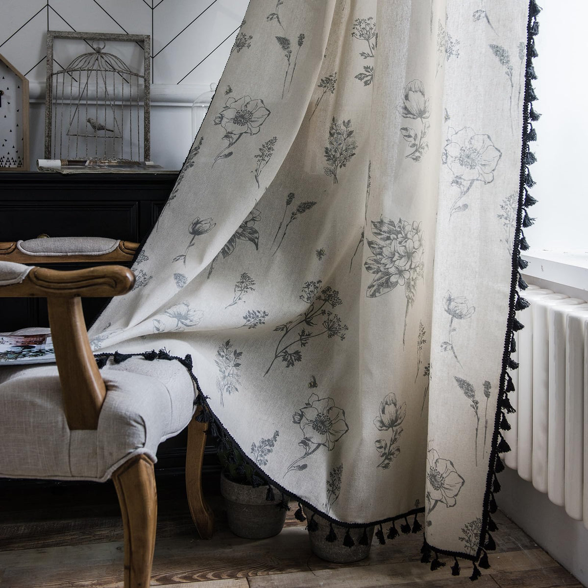 ENJOYBRIDAL Floral Curtains 84 Inch Long Living Room Boho Drapes Bedroom 2 Panels Semi Sheer Floor Length Window Curtain Panels Vintage Rod Pocket Tassel Farmhouse Nursery Window Treatments
