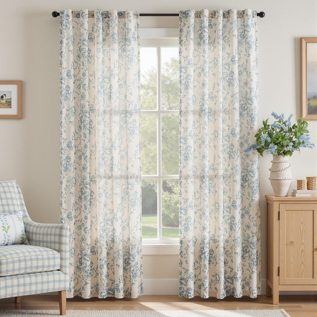 jinchan Vintage Floral Linen Curtains 84 Long for Living Room 2 Panels