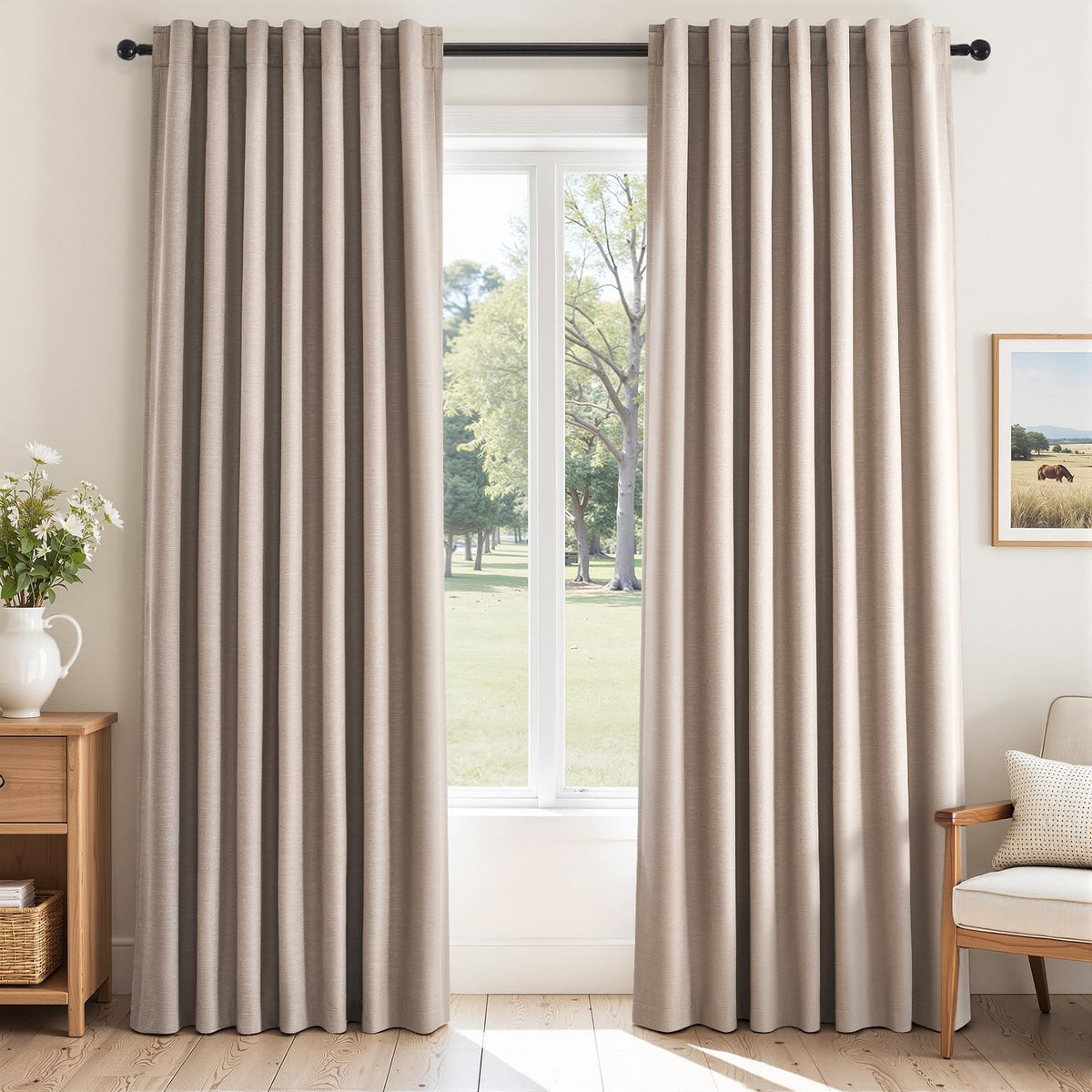 Topfinel Linen Blackout Curtains 96 Inch Long, Boho Farmhouse Ivory Birch Viral Drapes Pinch Pleated Curtains with Hooks for Living Room, Neutral 8 FT Back Tab Bedroom Curtains 52" X 96" 2 Panels