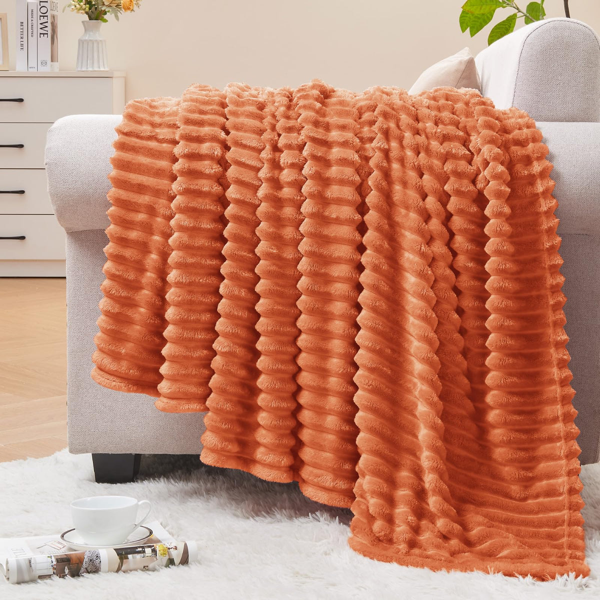BEDELITE 3D Ribbed Jacquard Pink Fleece Throw Blanket for Couch, 50x60 Inch