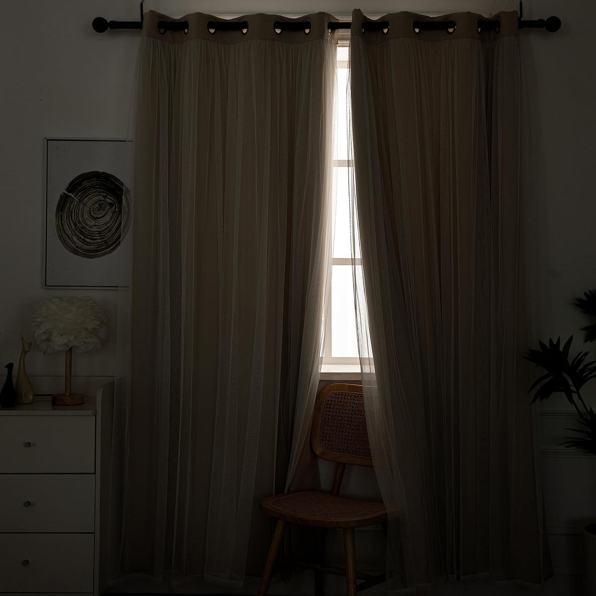 INLINAS Blackout Curtains with Sheer Overlay, Beige, 52x84 Inches