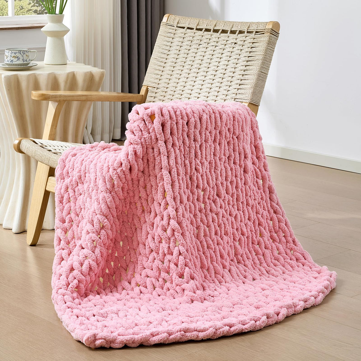 Bigacogo Chunky Knit Throw Blanket for Couch, 40x60 inches, Beige