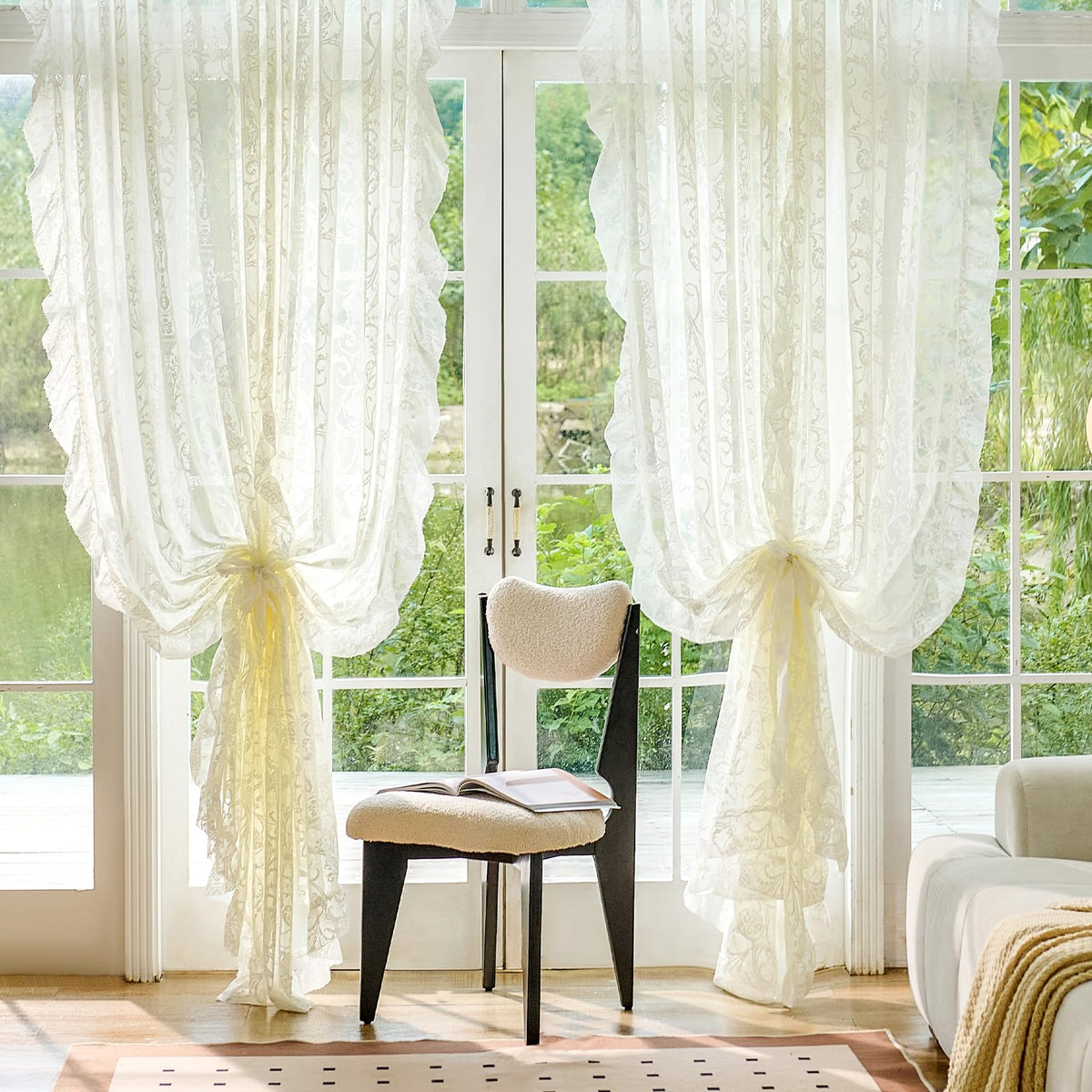 TUDECO Lace Maroon Curtains 96 Inches Long 1 Pair - French Floral Sheer Burgundy Curtains for Living Room, Art Decor Rod Pocket Ruffled Edges Dark Wine Red Drapes, 59 x 96 Inch, Burgundy