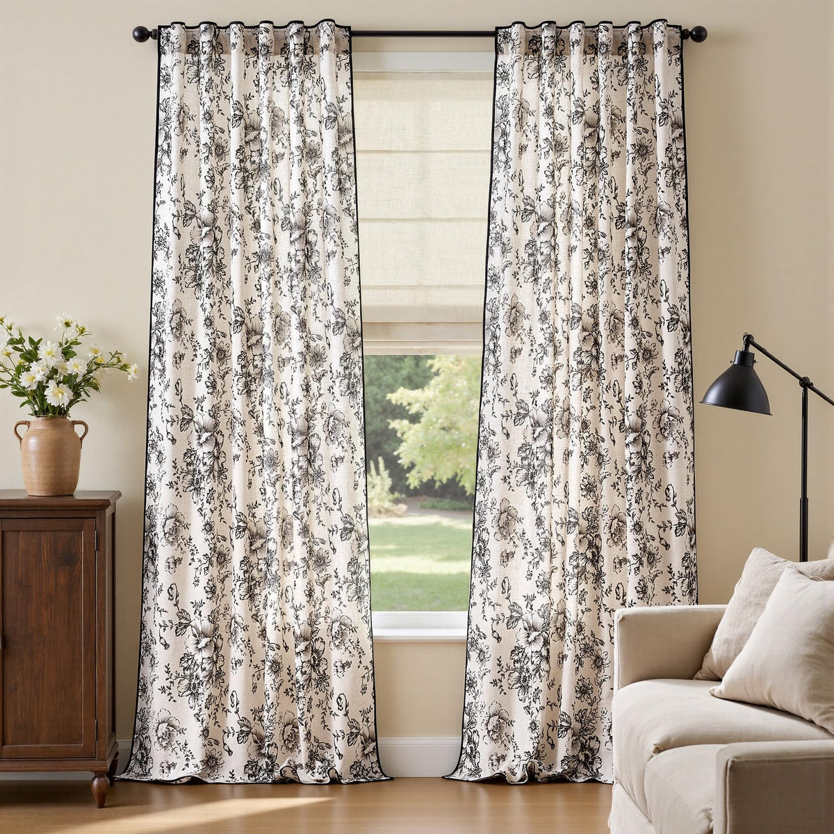 jinchan Vintage Floral Linen Curtains 84 Long for Living Room 2 Panels