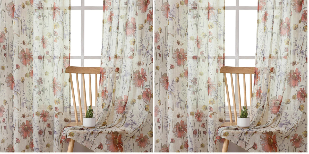 OWENIE Crushed Sheer Curtains 84 Inch Length 2 Panels Set, Sheer Floral Curtains Printed Drapes on Sheers for Living Room, Rod Pocket Light Filtering Window Sheers (2 Panels, 42" x 84")