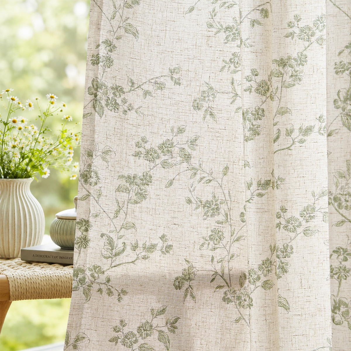 jinchan Taupe Floral Linen Curtains 84 Inch Farmhouse Back Tab 2 Panels