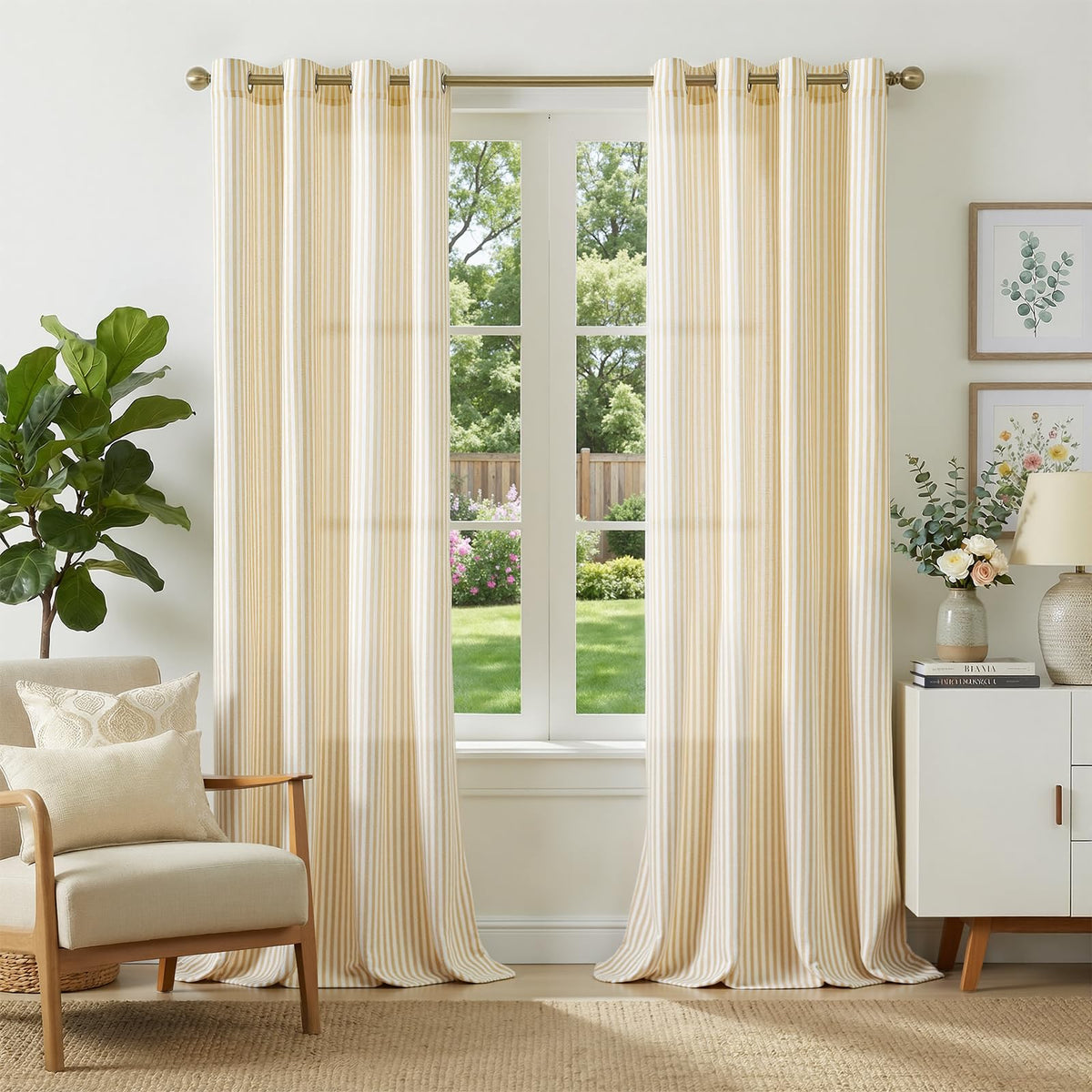 jinchan Linen Curtains 84 Inch Taupe Grey Stripe on Beige Grommet 2 Panels