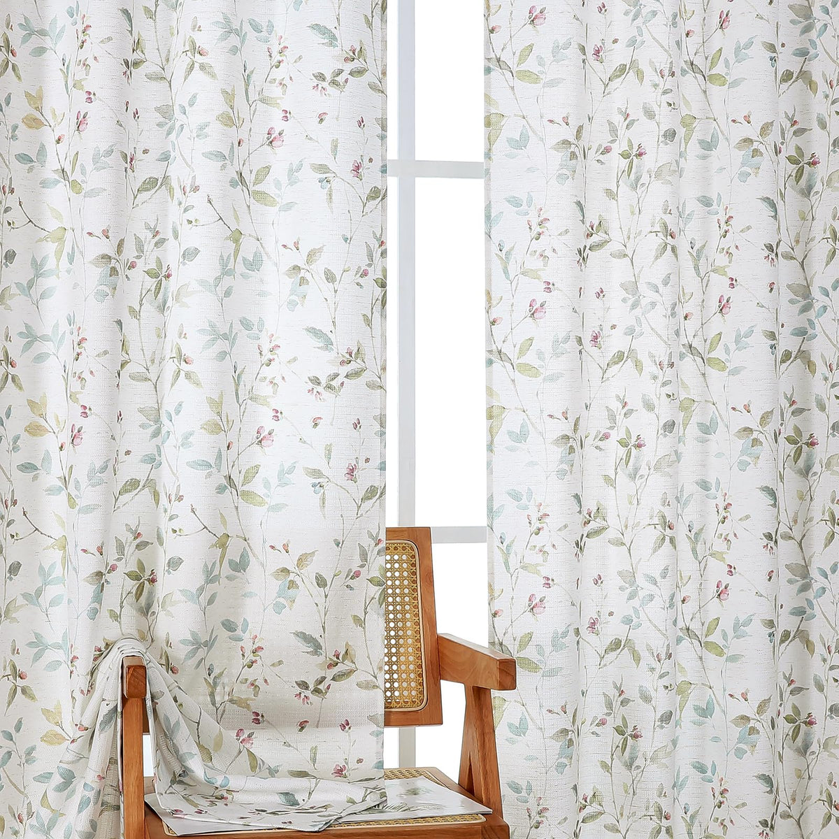 Chyhomenyc Roman Linen Blend Curtains 45 Inch Length 2 Panels, Light Filtering Soft Airy Leaf Floral Printed Rod Pocket Textured Window Treatment Drapes for Living Room Bedroom, 38Wx45L Inch, 2 PCS