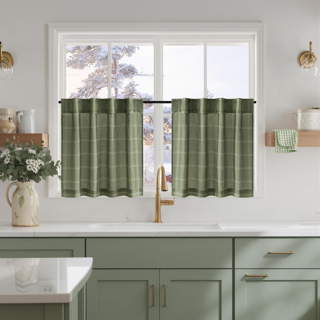NICETOWN Moss Green Linen Plaid Curtains 96 inches Long for Bedroom