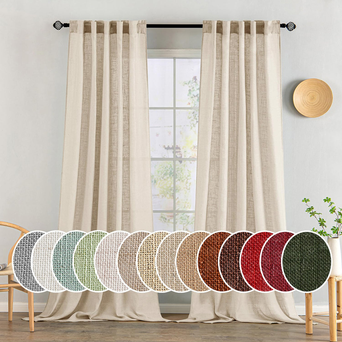 MIULEE Natural White Linen Curtains 52x90 Inch Long 2 Panels for Bedroom