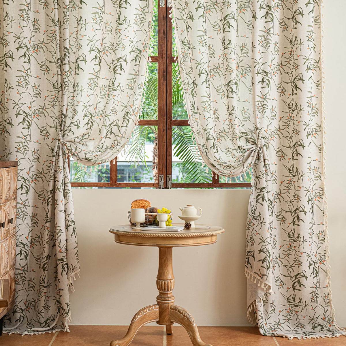 ENJOYBRIDAL Floral Curtains 84 Inch Long Living Room Boho Drapes Bedroom 2 Panels Semi Sheer Floor Length Window Curtain Panels Vintage Rod Pocket Tassel Farmhouse Nursery Window Treatments