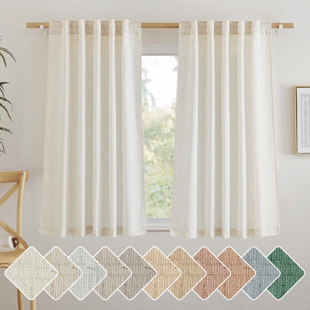 NICETOWN Flax Sheer Linen Curtains for Living Room 95 inch Long 2 Panels, Rod Pocket & Back Tab Semi Sheer Drapes Privacy Added with Light Filtering for Bedroom/Living Room, Natural, W55 x L95