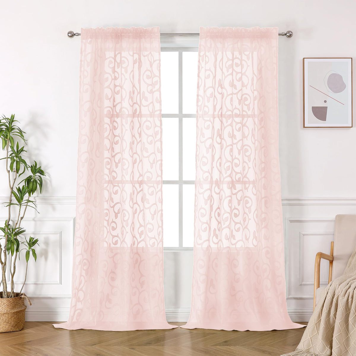 OWENIE Furman Ivory Sheer Curtains 84 inches Long for Bedroom Living Room 2 Panels Set, Jacquard Clip Light Filtering Semi Sheer Curtain Rod Pocket Window Drapes, 2 Pcs Each 40 W 84 L
