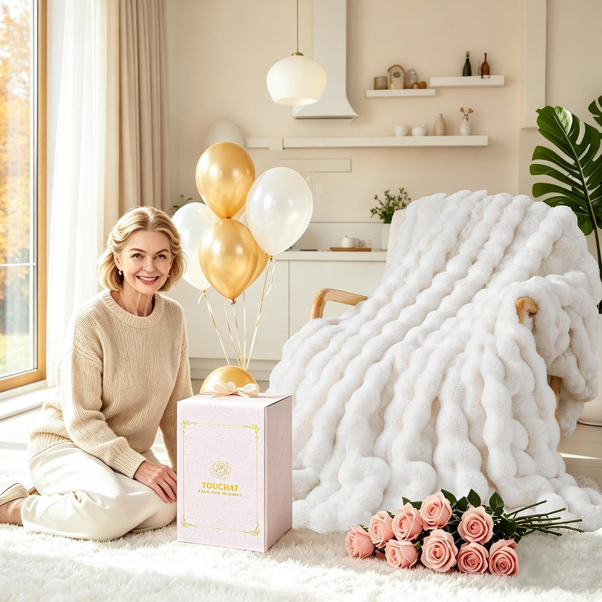 Touchat Luxury 1000GSM Faux Rabbit Fur Throw Blanket, Super Heavy Warm Cozy Blankets for Couch Bed Sofa, Bubble Plush Fuzzy Elegant Soft Mink Blanket for Mom Living Room Bedroom, Cream White