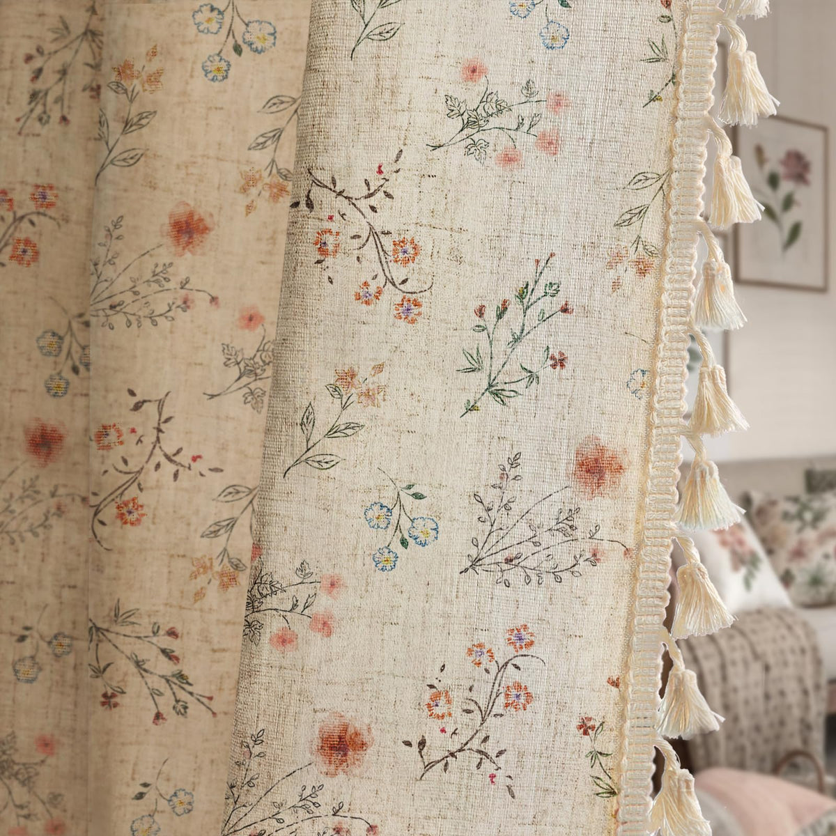 Boho Floral 100% Blackout Curtains 84 Inch 2 Panels Linen Texture