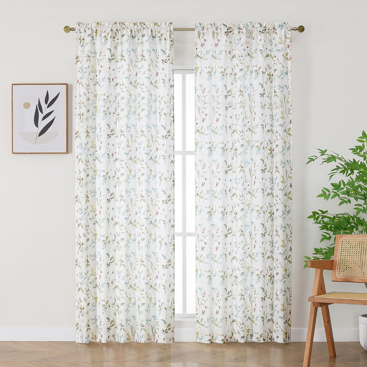 Chyhomenyc Roman Linen Blend Curtains 45 Inch Length 2 Panels, Light Filtering Soft Airy Leaf Floral Printed Rod Pocket Textured Window Treatment Drapes for Living Room Bedroom, 38Wx45L Inch, 2 PCS