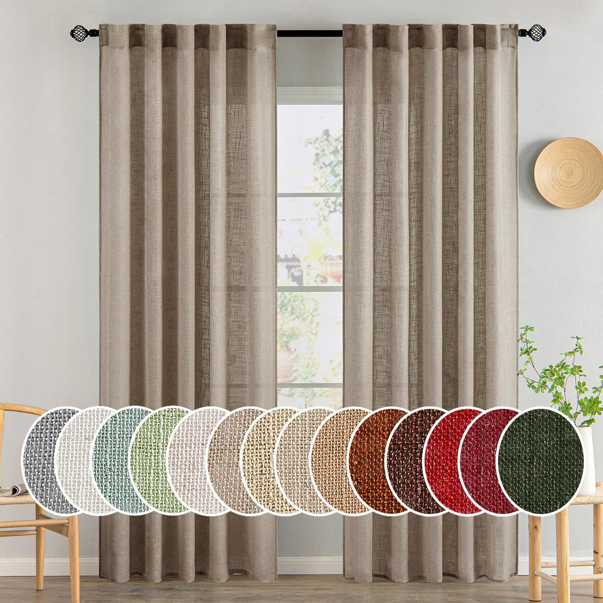 MIULEE Natural White Linen Curtains 52x90 Inch Long 2 Panels for Bedroom