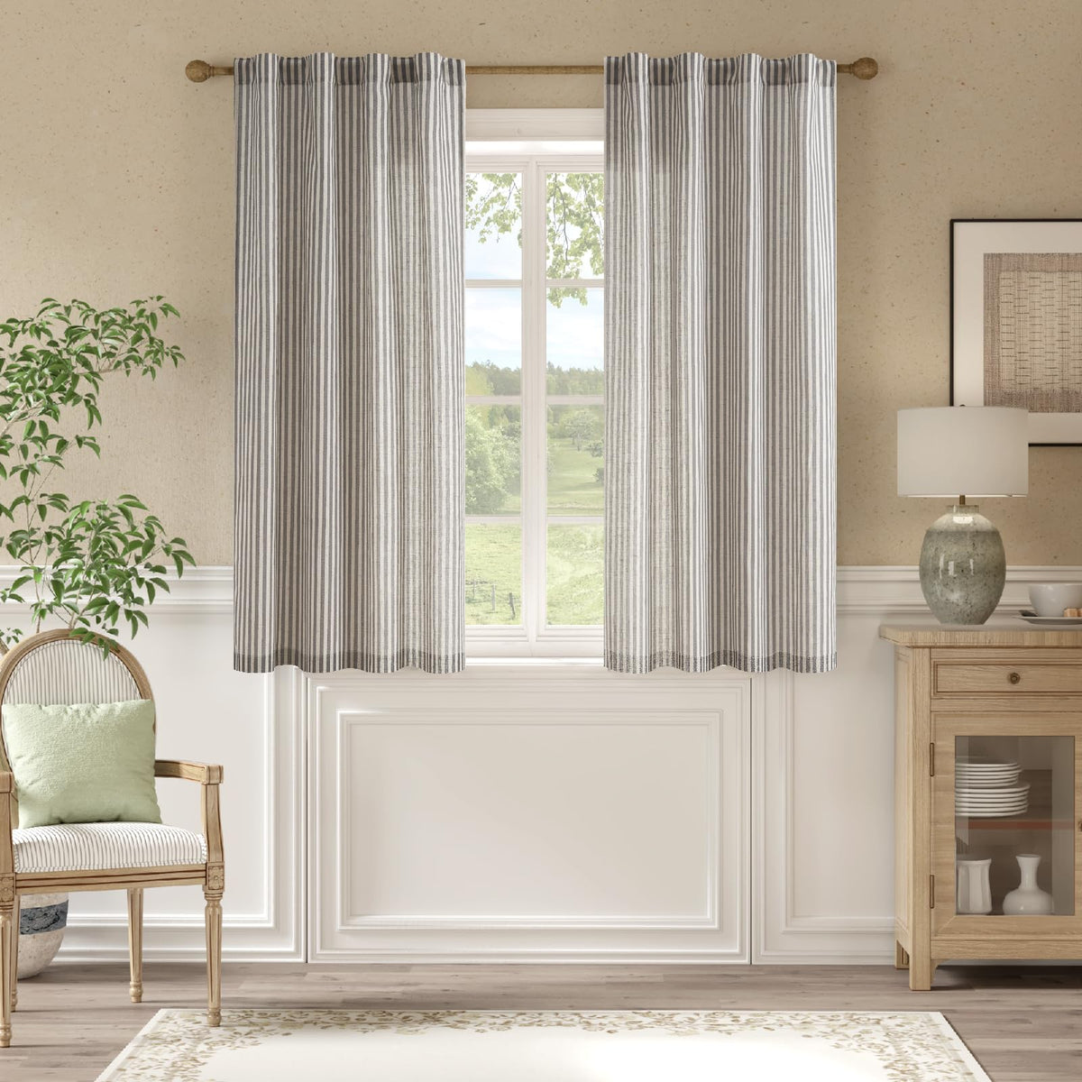 jinchan Linen Curtains 84 Inch Taupe Grey Stripe on Beige Grommet 2 Panels