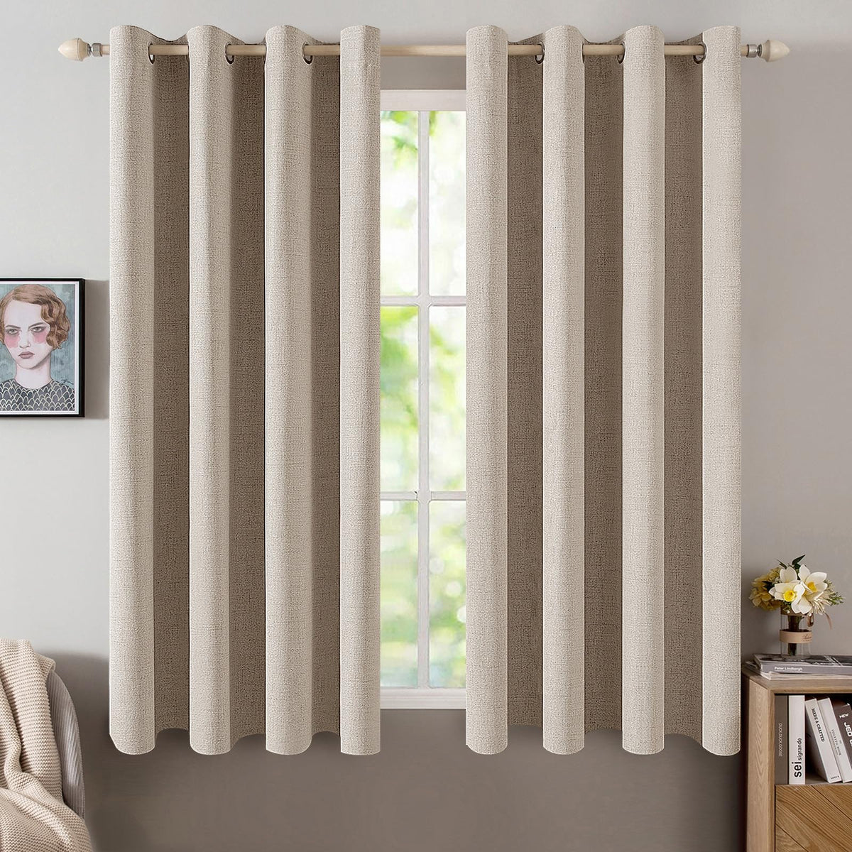 MIULEE 100% Blackout Linen Curtains for Bedroom 52x84 Inches Natural Beige