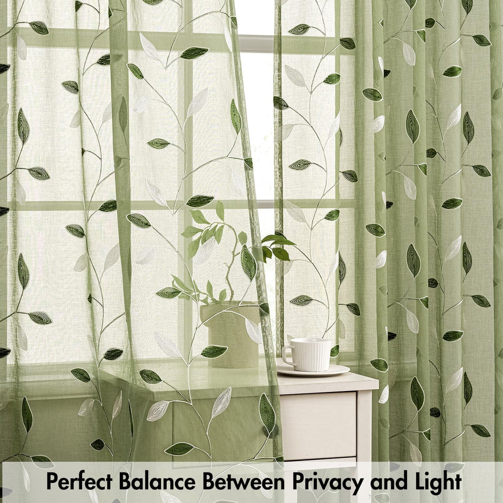 MIULEE Sage Green Sheer Curtains 2 Panels Leaf Patterned, W52 x L84