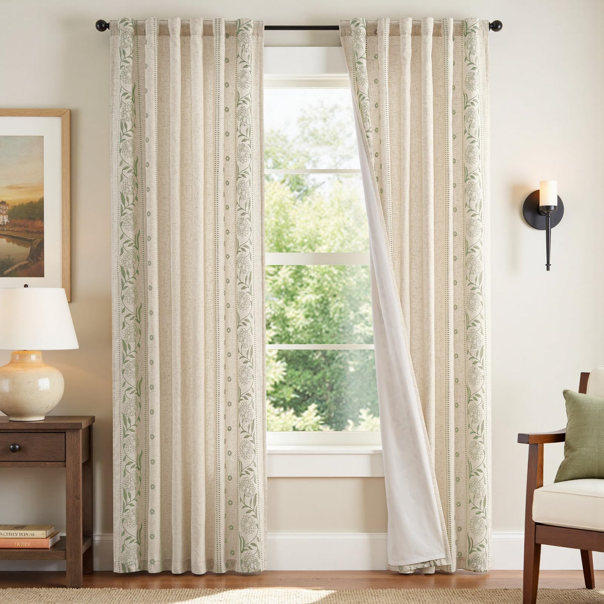 jinchan Sage Floral Linen Curtains for Living Room 84" Back Tab 2 Panels