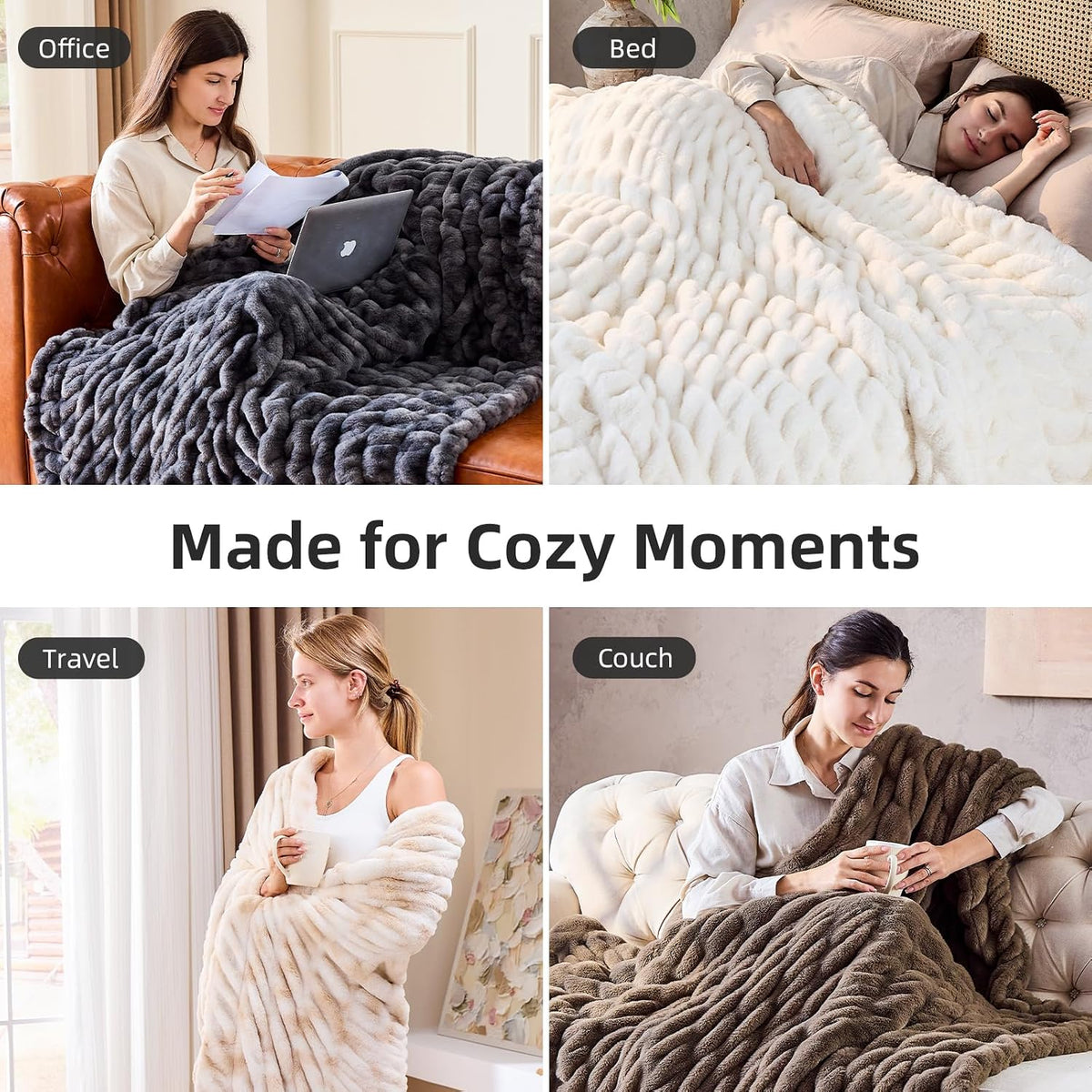 Double Sided Ruched Faux Rabbit Fur Throw Blanket,50x60 CaramelCream