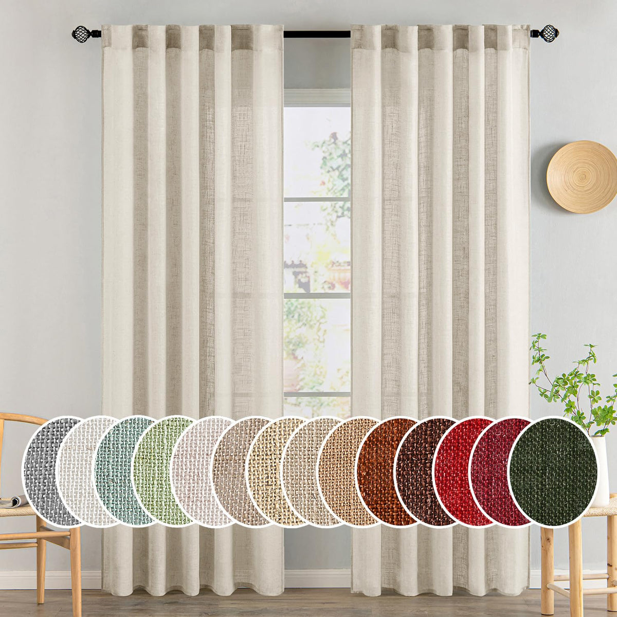 MIULEE Taupe Linen Curtains 52x84 Inch Length for Bedroom and Living Room