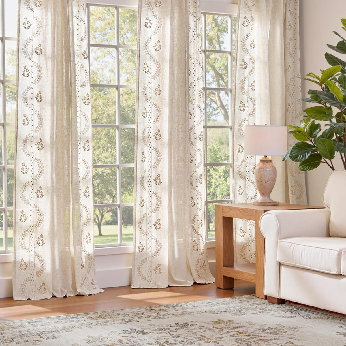 jinchan Floral Linen Curtains 84 Inch Farmhouse Back Tab 2 Panels