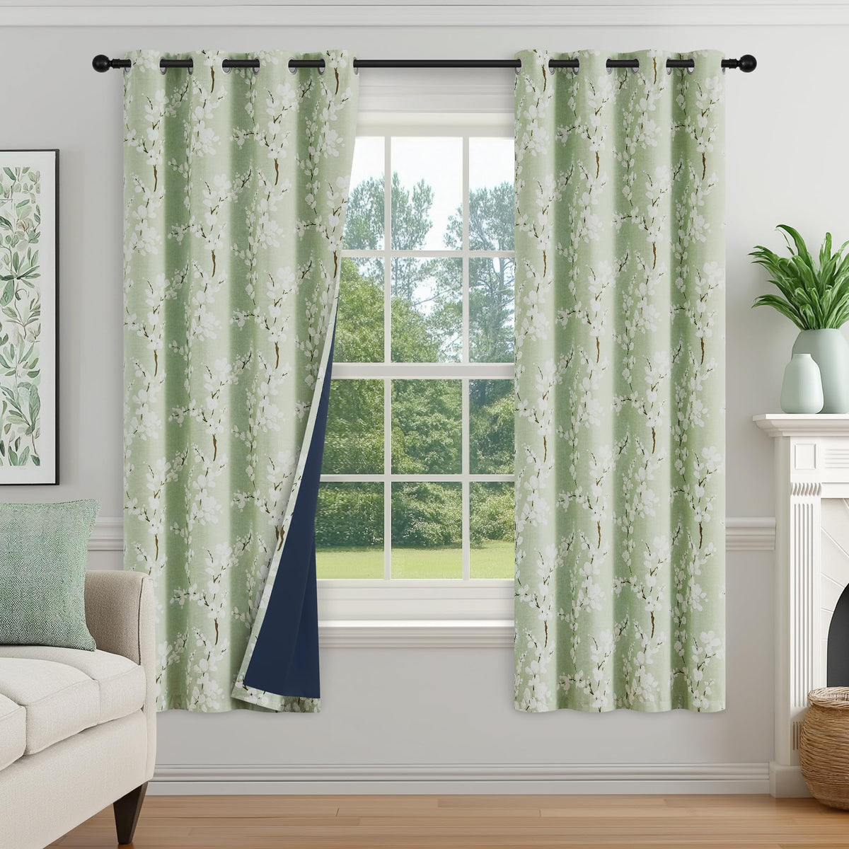 FMFUNCTEX Blue Blackout Floral Curtains, Bedroom, 100X84 Inches, 1 Panel
