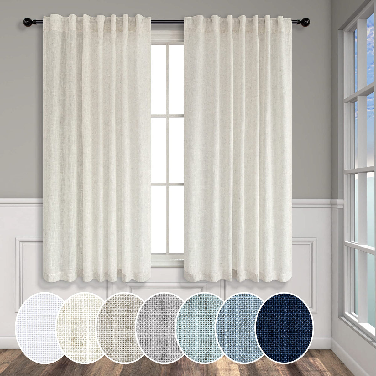 Natural Linen Back Tab Curtains 84 Inch Length for Living Room 2 Panel Pocket Drape Light Filtering Semi Sheer Neutral Country Rustic Farmhouse Boho Curtain Bedroom Muslin Look Ivory Cream Colored
