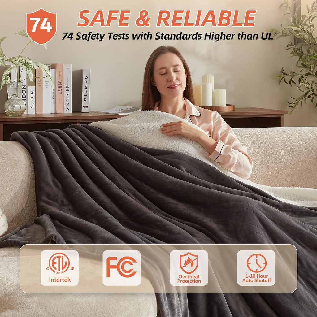 Electric Heated Blanket,50"x60" Heating Throw Flannel London Grey